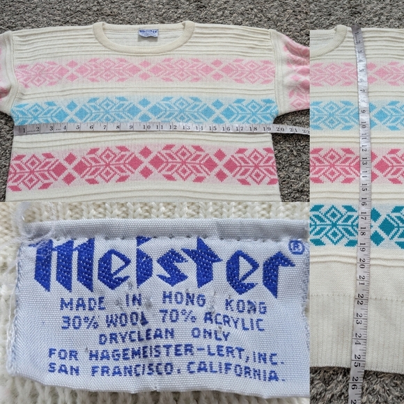 Vintage White Pink Blue Striped Snowflake Long Sleeve Wool Blend Sweater M/L - Picture 8 of 8